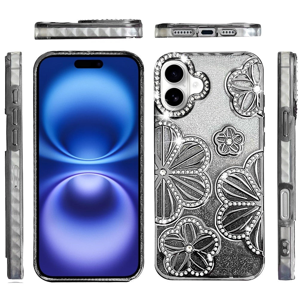 For Apple iPhone 17 (6.3") Luxury Flower Design Sparkle Glitter Diamond Rhinestone Shimmer Bling Plating Thick TPU Hard PC Case Cover