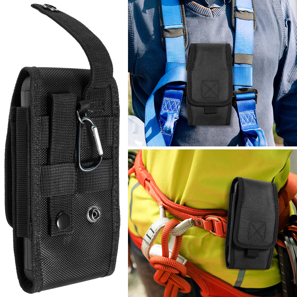 For Apple iPhone 16 Pro (6.3") Universal Vertical Pouch Case Nylon Cell Phone Holster with Belt Clip Loop, Carabiner and Credit Card Slot Cover [Black]