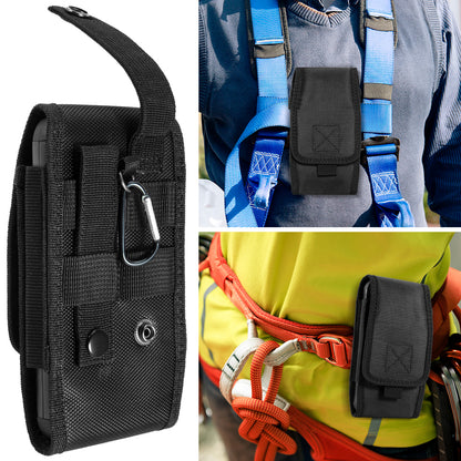 For Apple iPhone 16 Pro (6.3") Universal Vertical Pouch Case Nylon Cell Phone Holster with Belt Clip Loop, Carabiner and Credit Card Slot Cover [Black]