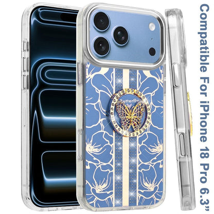Phone Case for Apple iPhone 18 Pro Floral Butterfly Ring Stand Glitter Bling Shockproof Hybrid Luxury Fashion Protective Anti Slip Durable Grip Cover