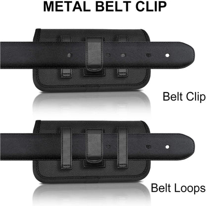 For Apple iPhone 16 (6.1") Universal Leather Belt Holster Horizontal Pouch Phone Holder with Belt Loop / Clip Waistband (Large) Cover [Black]