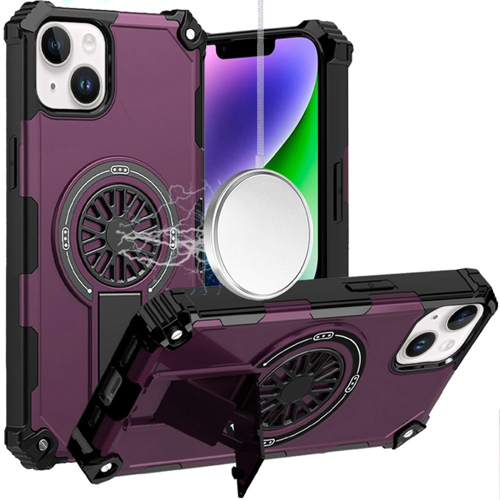 Phone Case for Apple iPhone 14 Invisible Kickstand Magnetic Car Mount Friendly Shockproof Texture Anti Slip Durable Grip Heavy Duty Hybrid Cover Purple