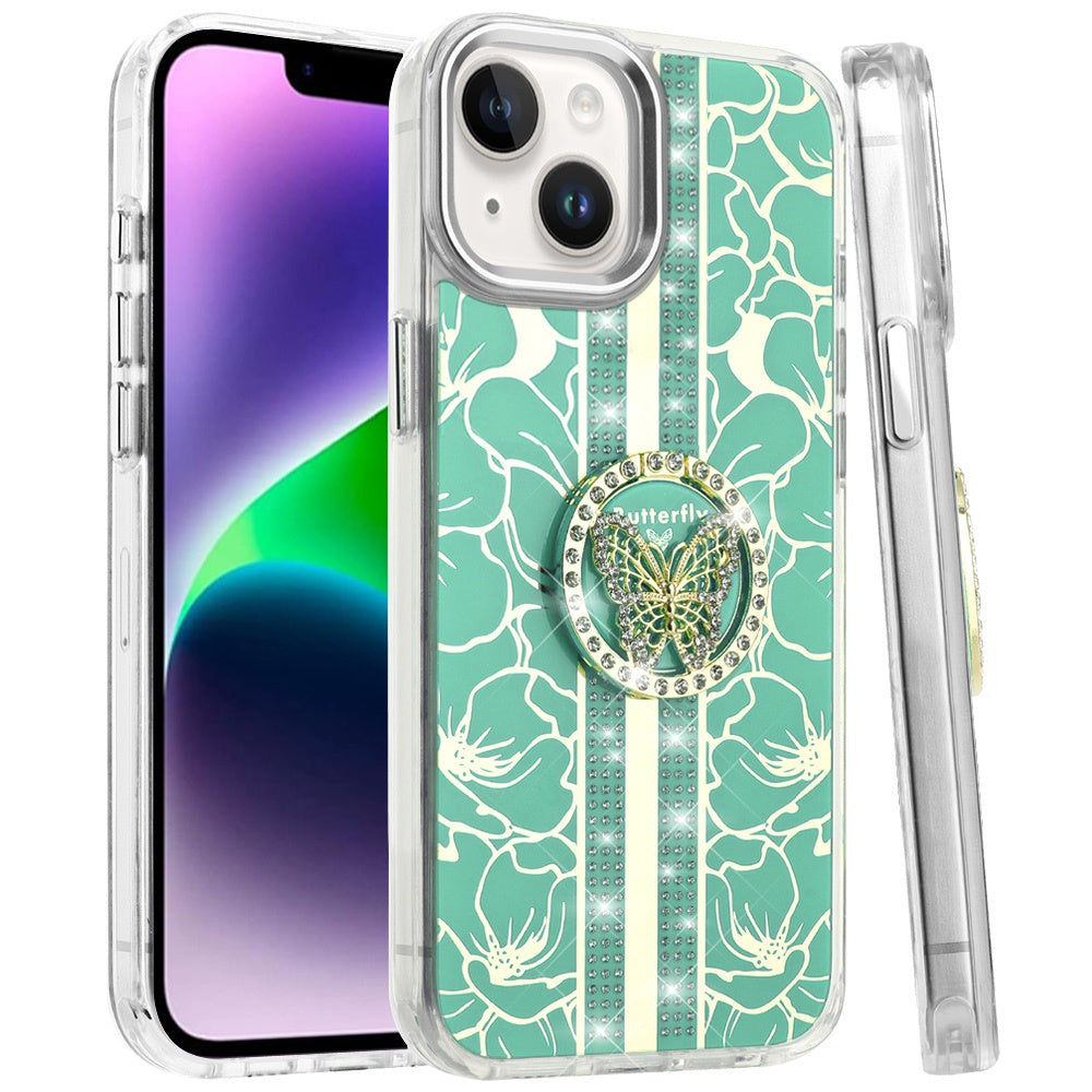 Phone Case for Apple iPhone 14/13 Floral Butterfly Ring Stand Glitter Bling Shockproof Hybrid Luxury Fashion Protective Anti Slip Durable Grip Cover Light Green