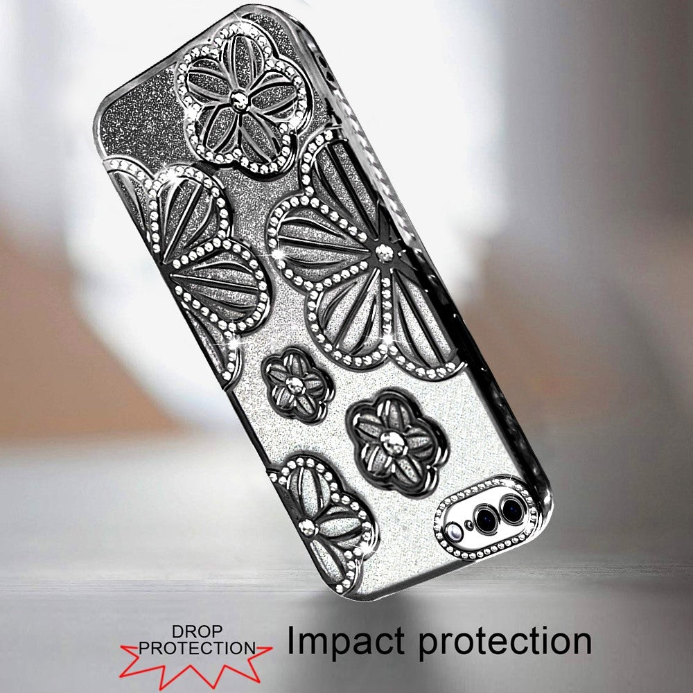 For iPhone 8 Plus / iPhone 7 Plus Luxury Flower Design Sparkle Glitter Diamond Rhinestone Shimmer Bling Plating Thick TPU Hard PC Case Cover Silver