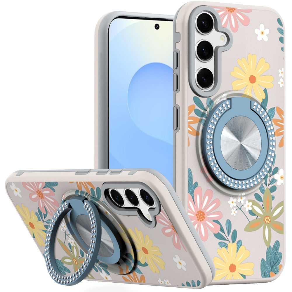 For Samsung Galaxy S25 Plus /S25+ /S24/Plus Pattern Design Hybrid with Invisible Ring Stand & Magnetic Back, Shockproof Protective Grip Case Cover