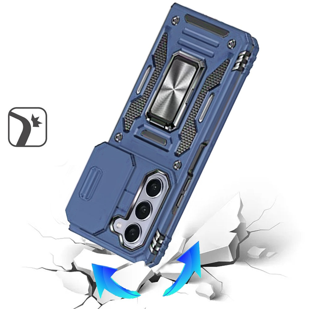 For Samsung Galaxy Z Fold 7 Tough Hybrid Case with Movable Camera Window & Metal Ring Stand Shockproof Case Cover Navy Blue