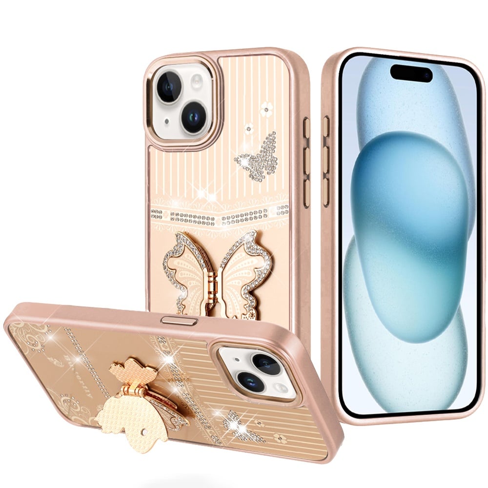 Phone Case for Apple iPhone 15 Glitter Bling Butterfly Stand Metallic Edge Hybrid Shockproof Grip Durable Camera Protection Stylish Design Cover Gold