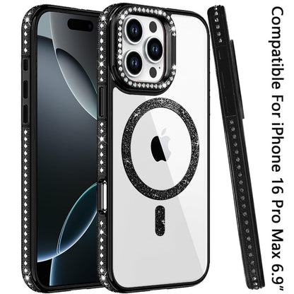 Phone Case for Apple iPhone 16 Pro Max Luxury Diamond Bling Edged Magnetic Glitter Shockproof Hybrid with Camera Kickstand Durable Grip Cover Black