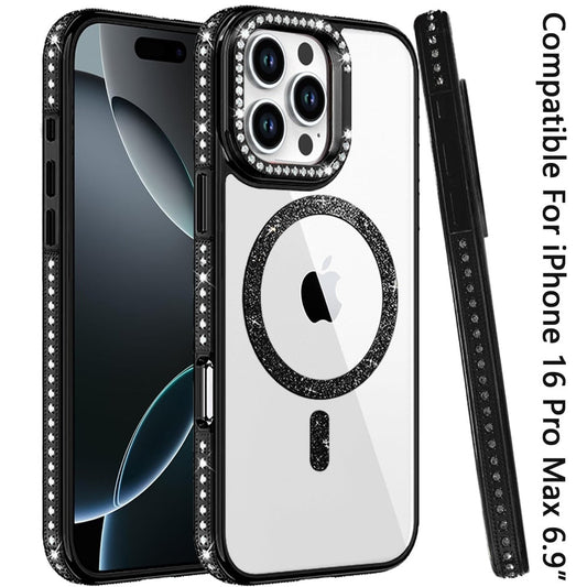 Phone Case for Apple iPhone 16 Pro Max Luxury Diamond Bling Edged Magnetic Glitter Shockproof Hybrid with Camera Kickstand Durable Grip Cover Black