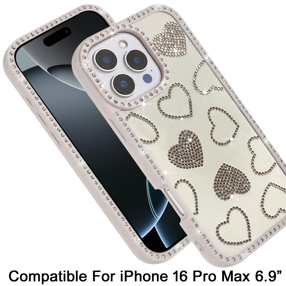 Phone Case for Apple iPhone 16 Pro Max Spread Love Hearts Glitter Shimmer Bling Diamond Edge Shockproof Hybrid Stylish Protective Slim Grip Designer Cover Off-White