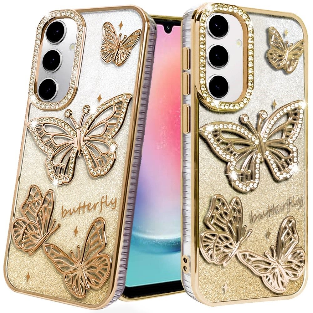For Samsung Galaxy A26 Luxury Butterfly Sparkle Glitter Diamond Crystal Rhinestone Shimmer Bling Plating Thick TPU Hard PC Case Cover