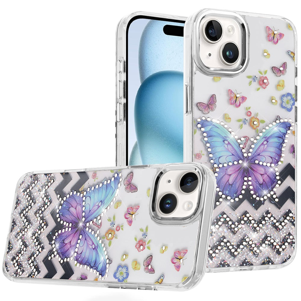 Phone Case for Apple iPhone 15 Butterfly Resin Epoxy Diamond Bling Metal Edge Shockproof Hybrid Luxury Protective Durable Stylish Fashion Grip Cover