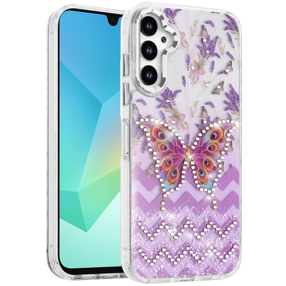For Samsung Galaxy A16 5G Butterfly Resin Epoxy Diamond Design Metal Edged Hybrid Shockproof Heavy Duty Drop Protection Case Cover