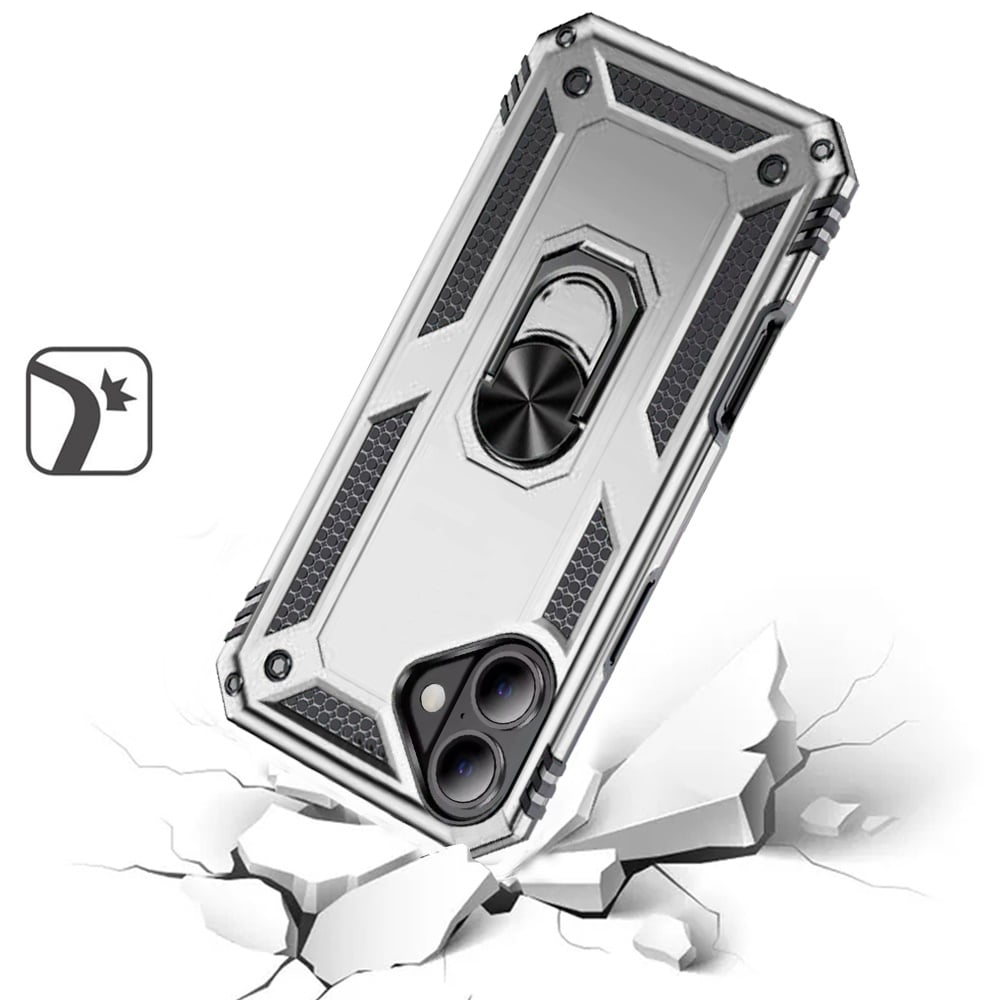 For iPhone 16 (6.1") Hybrid Shockproof Durable 360 Degree Rotatable Ring Stand Holder Kickstand Fit Magnetic Car Mount Case Cover Silver
