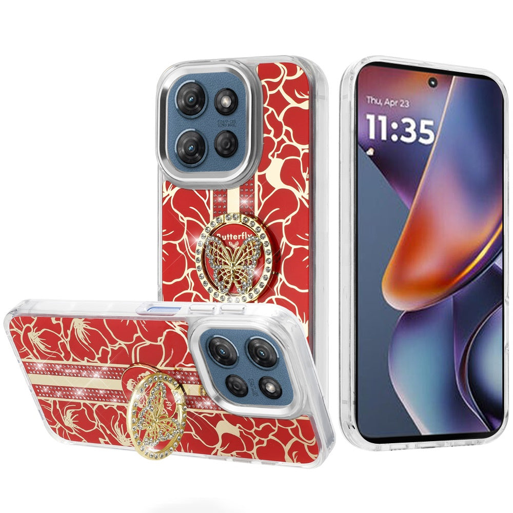 For Motorola Moto G Play 5G 2026 Diamonds 3D Butterfly Floral Design Bling Sparkly Glitter Hybrid Metal Fashion with Ring Stand Case Cover