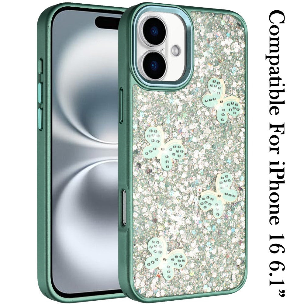 For iPhone 16 (6.1") Cute Butterfly Crystal Diamond Glitter Case Sparkle Bling Frame Metallic Edges, Shimmer TPU Hybrid Case Cover