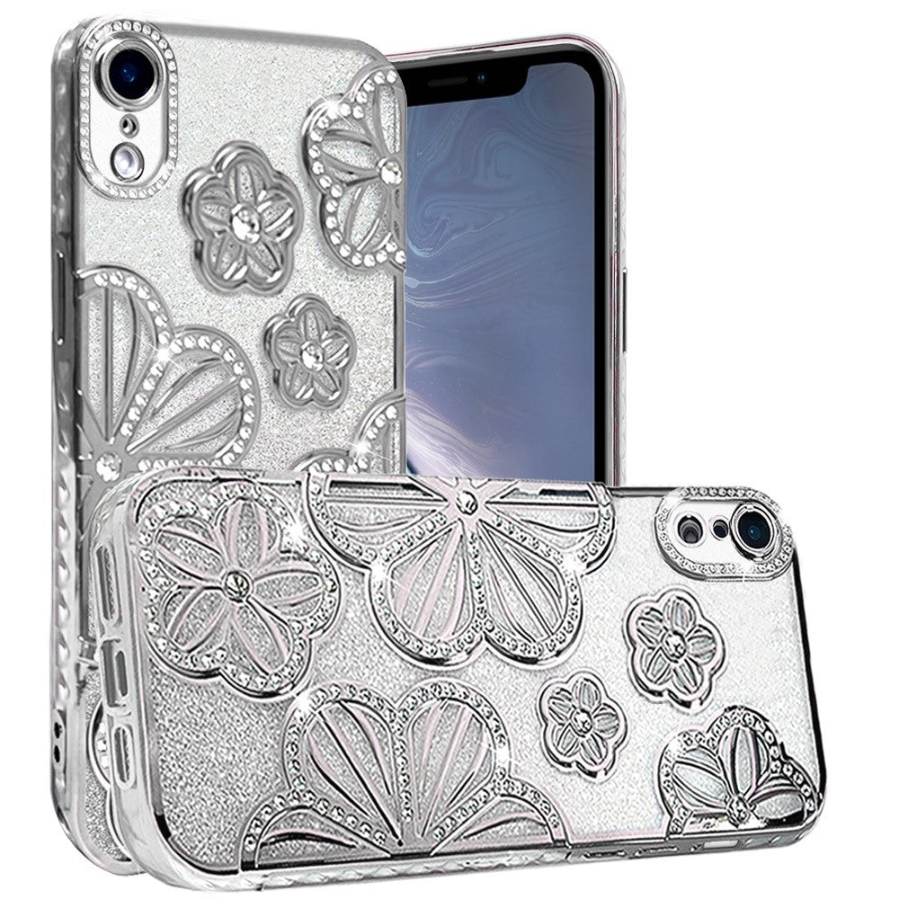 For iPhone XR Luxury Flower Design Sparkle Glitter Diamond Rhinestone Shimmer Bling Plating Thick TPU Hard PC Case Cover
