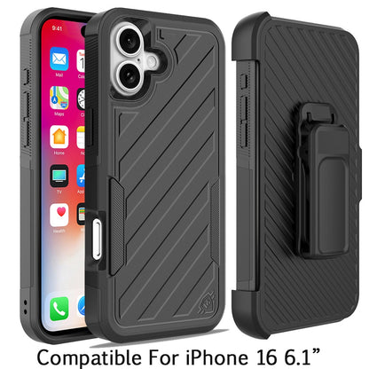 For Apple iPhone 16 Plus (6.7") Combo Hybrid lined with Belt Clip Holster Armor Shockproof Rugged Textured 2in1 Non Slip Tough Case Cover Black / Black