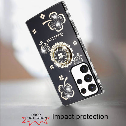 For Samsung Galaxy S22 Ultra Diamonds Bling All Around Edges Sparkly Glitter Hybrid Ring Stand Holder Fashion Good Luck Case Cover