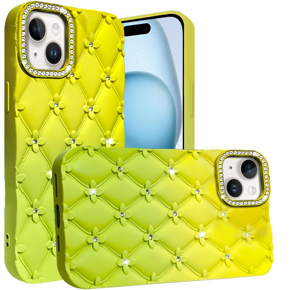 For iPhone 15 (6.1") Fashion Flower Design Sparkle Glitter Shimmer Rhinestone Bling Floral Accents, Leather Texture TPU Case Cover Light Green/Teal