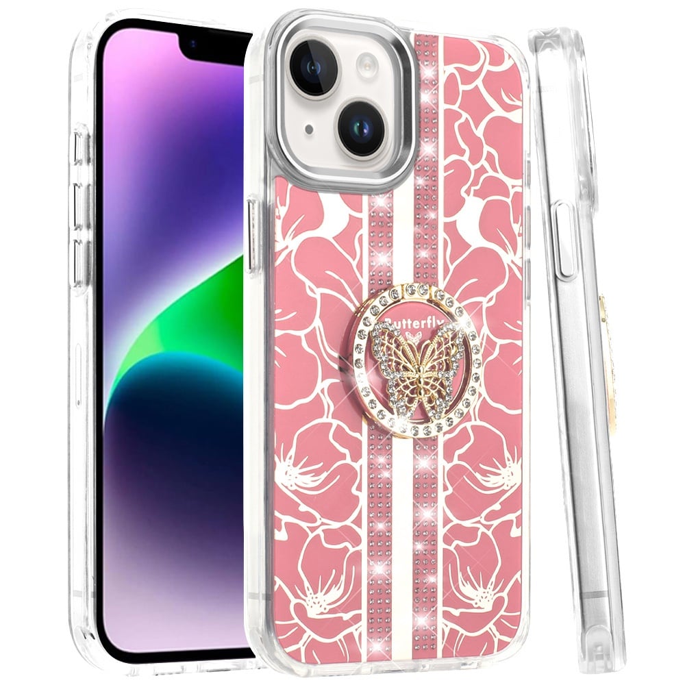 Phone Case for Apple iPhone 14 /iPhone 13 Floral Butterfly Ring Stand Glitter Bling Shockproof Hybrid Luxury Fashion Protective Anti Slip Durable Grip Cover