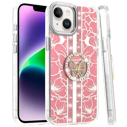 Phone Case for Apple iPhone 14 /iPhone 13 Floral Butterfly Ring Stand Glitter Bling Shockproof Hybrid Luxury Fashion Protective Anti Slip Durable Grip Cover