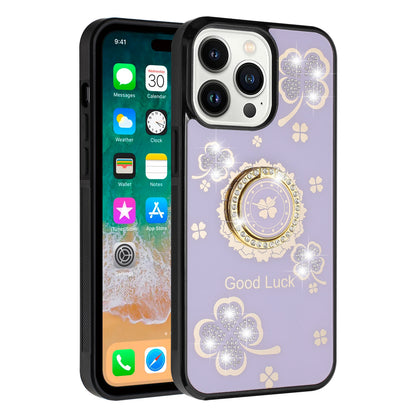 For Apple iPhone 16 Pro Max (6.9") Diamonds 3D Bling Sparkly Glitter Ornaments Engraving Hybrid Fashion Ring Stand Case Cover