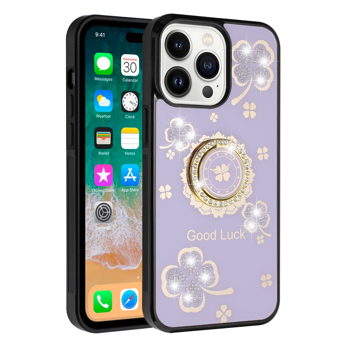 For Apple iPhone 16 Pro (6.3") Diamonds 3D Bling Sparkly Glitter Ornaments Engraving Hybrid Fashion Ring Stand Case Cover