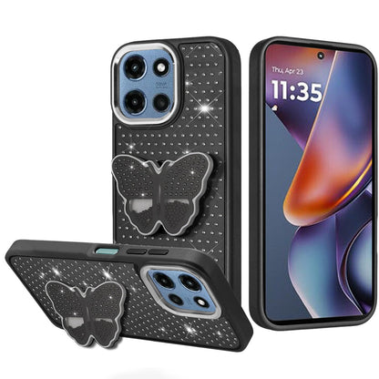 Phone Case for Motorola Moto G Play 5G 2026 Butterfly Grip Pop Stand Diamond Sparkle Hybrid Shockproof Metal Button Slim Protective Grip Decorative Design Cover Black