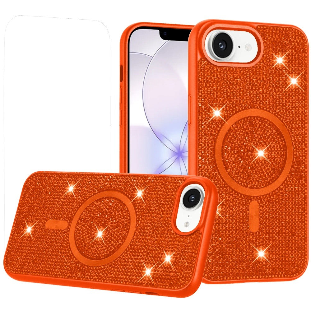 Phone Case for Apple iPhone 17E /16E Magnetic Bling Diamond Sparkle Hybrid Shockproof Rugged Grip Durable Protection Anti-Slip Armor Design Cover Cosmic Orange