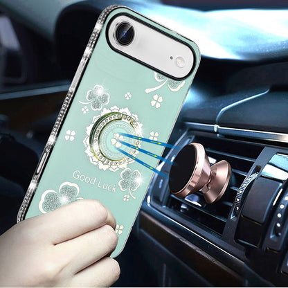 For Apple iPhone 17 Air (6.6") Diamonds Bling All Around Edges Sparkly Glitter Hybrid with Ring Stand Holder Fashion Good Luck Case Cover