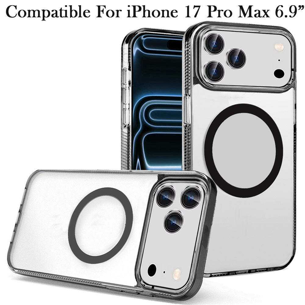 For Apple iPhone 17 Pro Max (6.9") MagSafe Compatible Integrated Technology Clean Transparent Hybrid Armor TPU Frame Case Cover Black