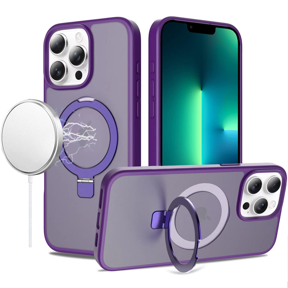 Phone Case for Apple iPhone 13 Pro Max Magnetic Ring Stand Full Rotation Matte Shockproof Grip Anti Slip Durable Camera Protection Hybrid Cover Dark Purple