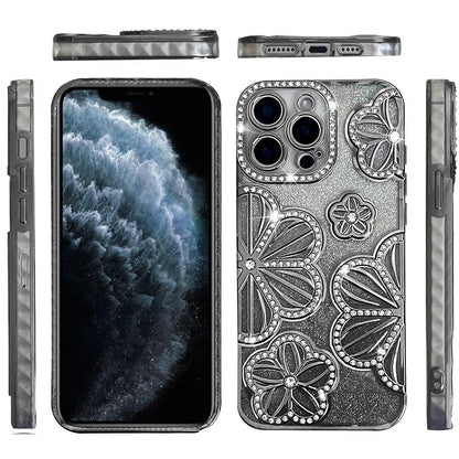 For Apple iPhone 11 Pro Max Luxury Flower Design Sparkle Glitter Diamond Rhinestone Shimmer Bling Plating Thick TPU Hard PC Case Cover