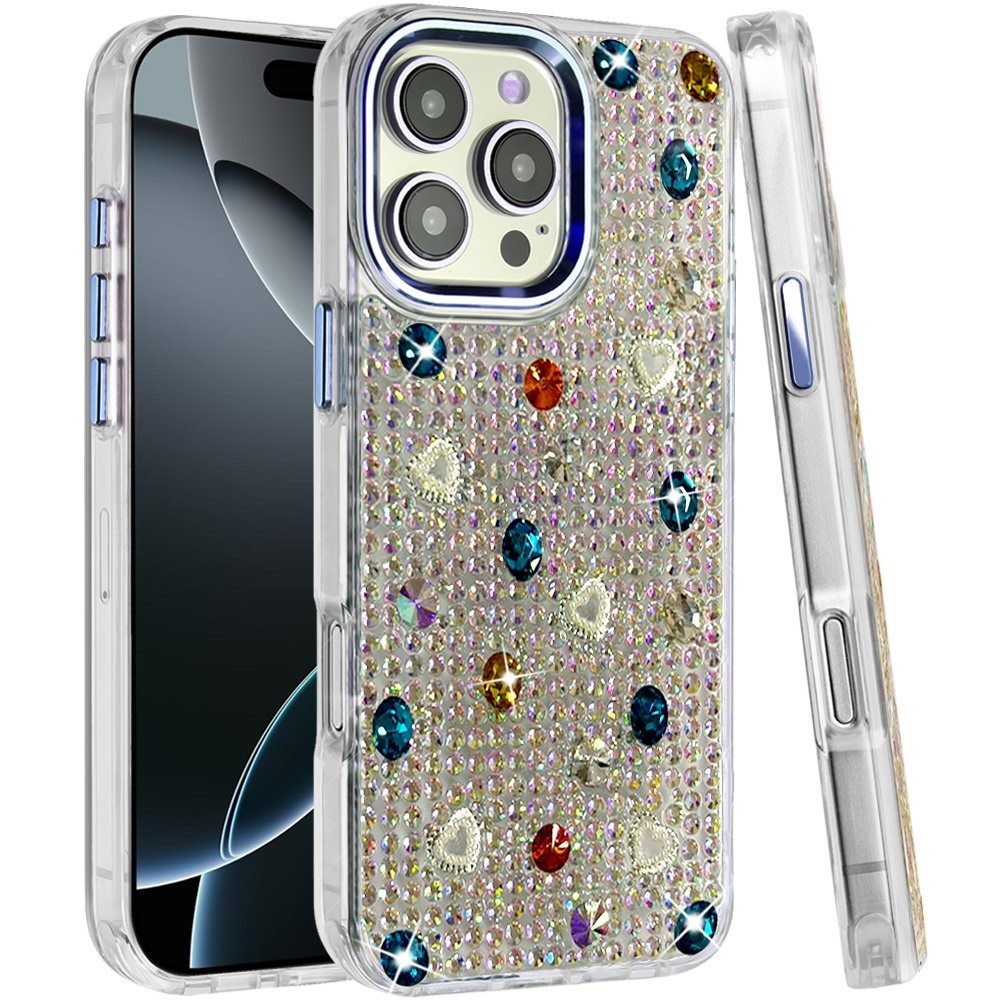 Phone Case for Apple iPhone 16 Pro Chrome Fashion Hybrid Bling Diamond Heart Rhinestone Decorative Stones Sparkling Embellished Design Cover
