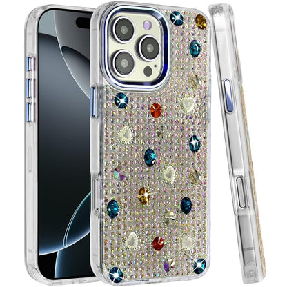 Phone Case for Apple iPhone 16 Pro Chrome Fashion Hybrid Bling Diamond Heart Rhinestone Decorative Stones Sparkling Embellished Design Cover