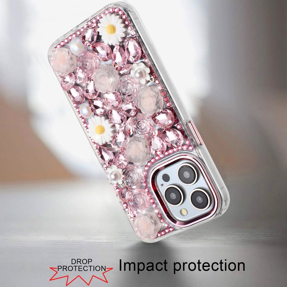 Phone Case for Apple iPhone 14 Pro Max Full Bling Rhinestone Glitter Floral Luxury Hybrid Shockproof Stylish Sparkling Protective Designer Ornament Cover Pink