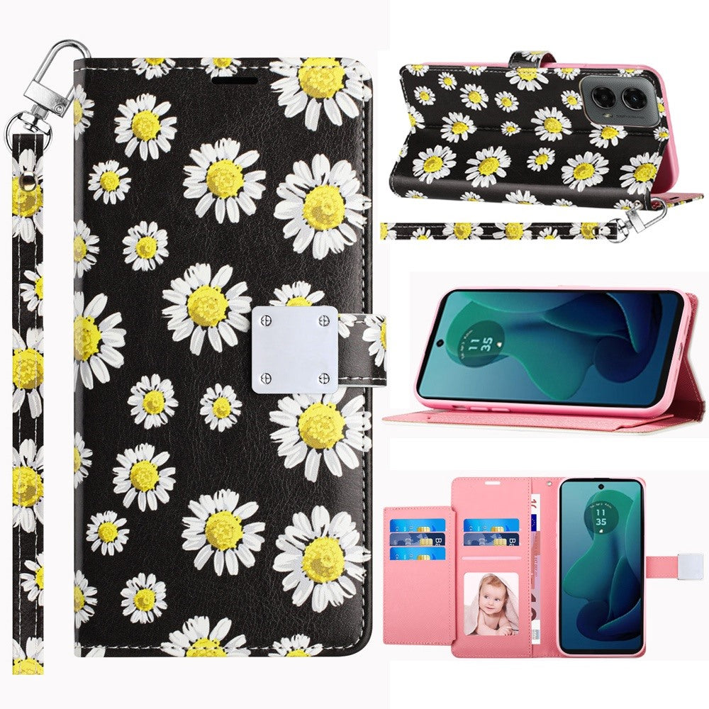 For Motorola Moto G 5G 2024 Wallet Card Holder Lanyard Magnetic Metal Closure Shockproof Protection Secure Grip ID Cash Storage Strap Carry Design Case Cover White Daisy Blossom Floral