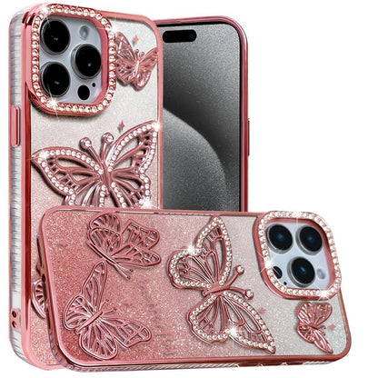 For Apple iPhone 17E /16E Luxury Butterfly Sparkle Glitter Diamond Crystal Rhinestone Shimmer Bling Plating Thick TPU Hard PC Case Cover Rose Gold
