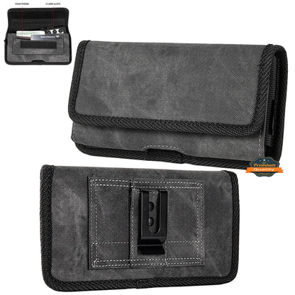For Apple iPhone 16 Plus (6.7") Universal Horizontal Cell Phone Case Fabric Holster Carrying Pouch with Belt Clip and 2 Card Slots fit XXL Devices [Black Denim]