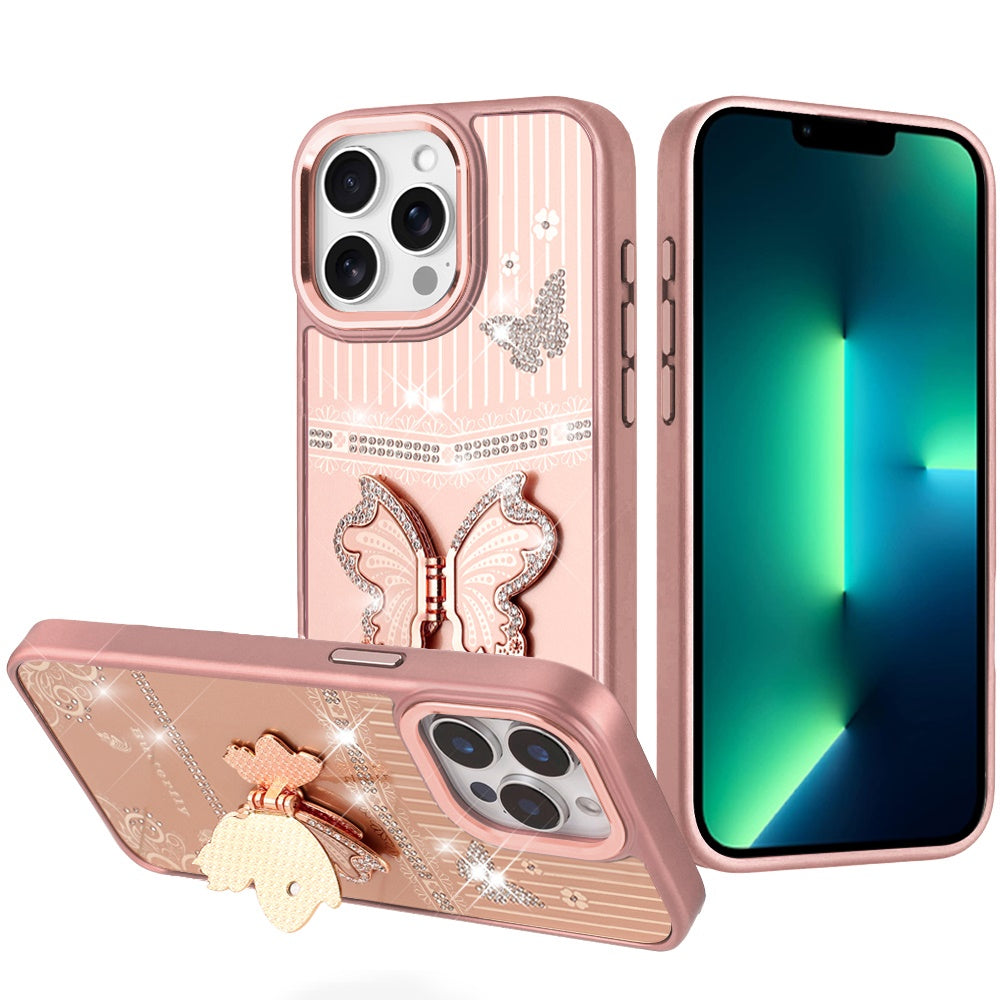 Phone Case for Apple iPhone 13 Pro Max Glitter Bling Butterfly Stand Metallic Edge Hybrid Shockproof Grip Durable Camera Protection Stylish Design Cover Rose Gold