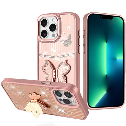 Phone Case for Apple iPhone 13 Pro Max Glitter Bling Butterfly Stand Metallic Edge Hybrid Shockproof Grip Durable Camera Protection Stylish Design Cover Rose Gold