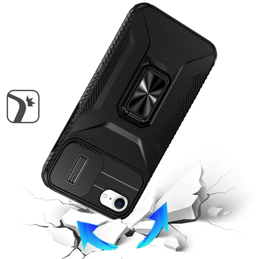 Phone Case for Apple iPhone SE 3 (2022) SE/8/7 Magnetic Ring Stand Camera Protection Shockproof Heavy Duty Kickstand Rugged Grip Anti Scratch Hybrid Cover Black
