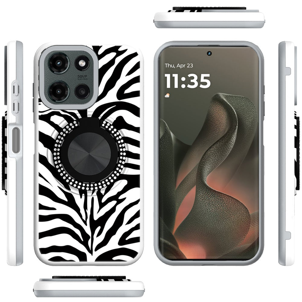 For Motorola Moto G 5G 2025 Pattern Design Hybrid with Invisible Ring Stand & Magnetic Back, Shockproof Protective Grip Case Cover