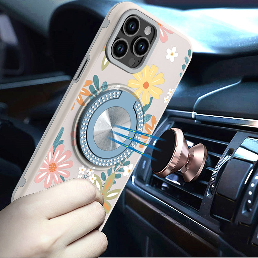 For Apple iPhone 11 Pro Max Pattern Design Hybrid with Invisible Ring Stand & Magnetic Back, Shockproof Protective Grip Case Cover Summer Blossom Flowers