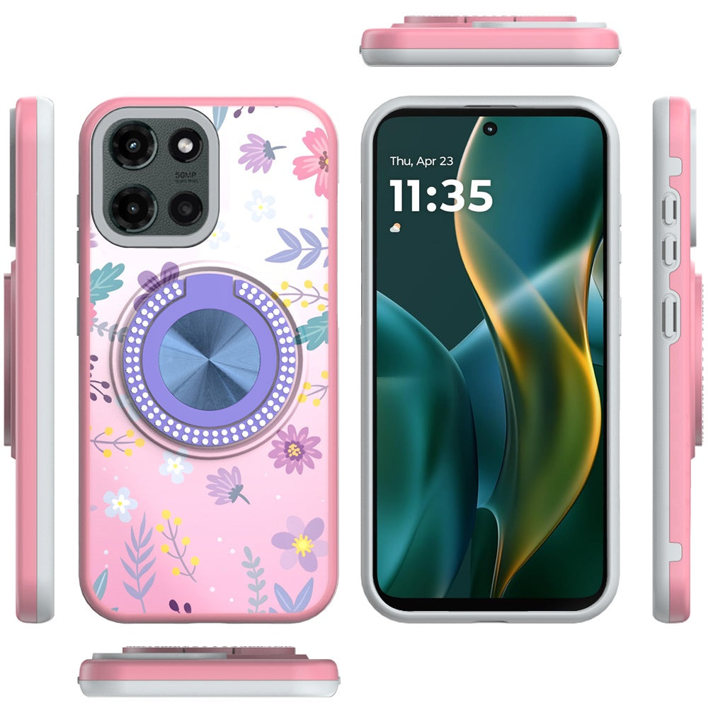 For Motorola Moto G 5G 2025 Pattern Design Hybrid with Invisible Ring Stand & Magnetic Back, Shockproof Protective Grip Case Cover