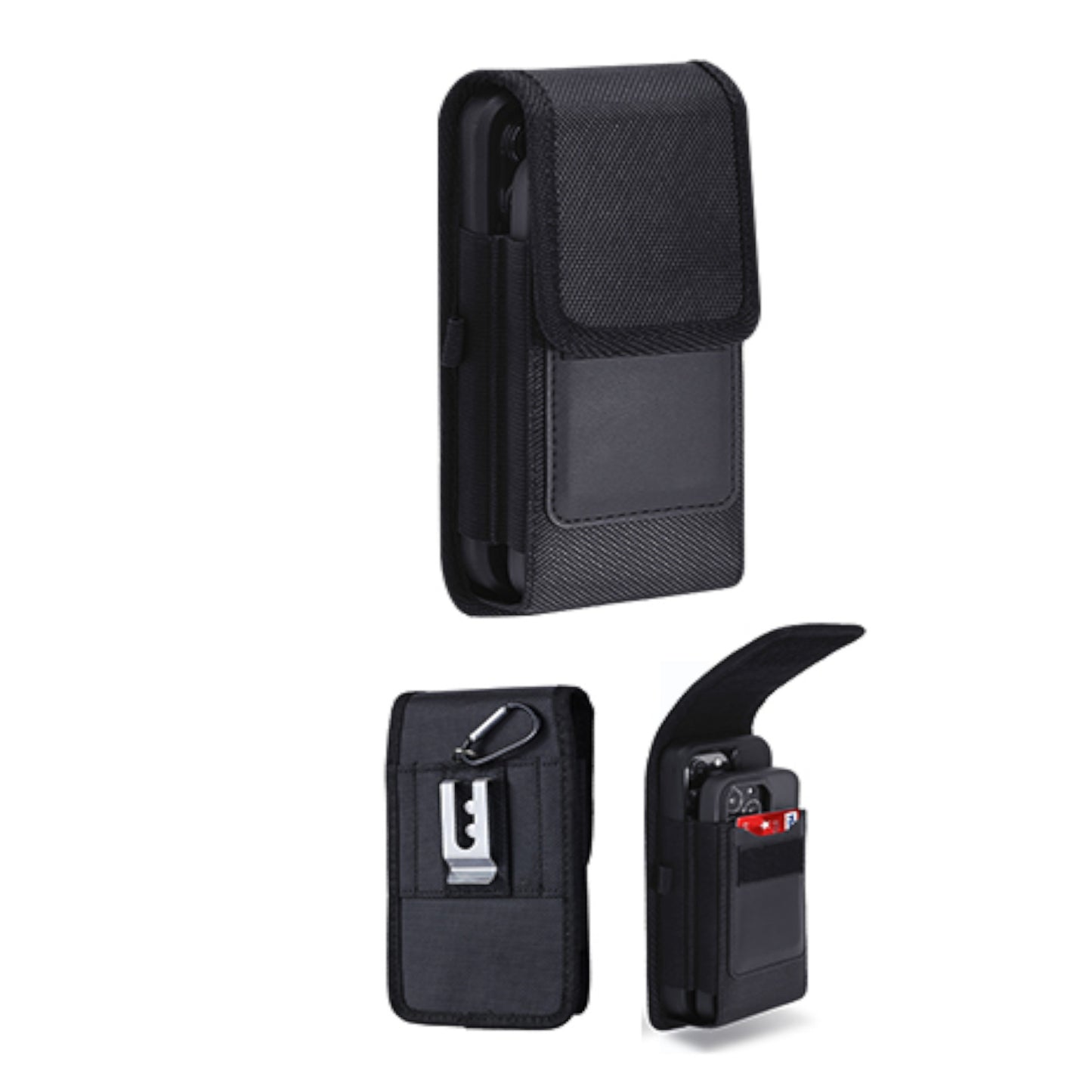 For Apple iPhone 16 Plus (6.7") Universal Dual Phone Holster Vertical Pouch for 2 Phones, Double Decker Belt Clip Case with Credit Card Slots Wallet Cover [Black]