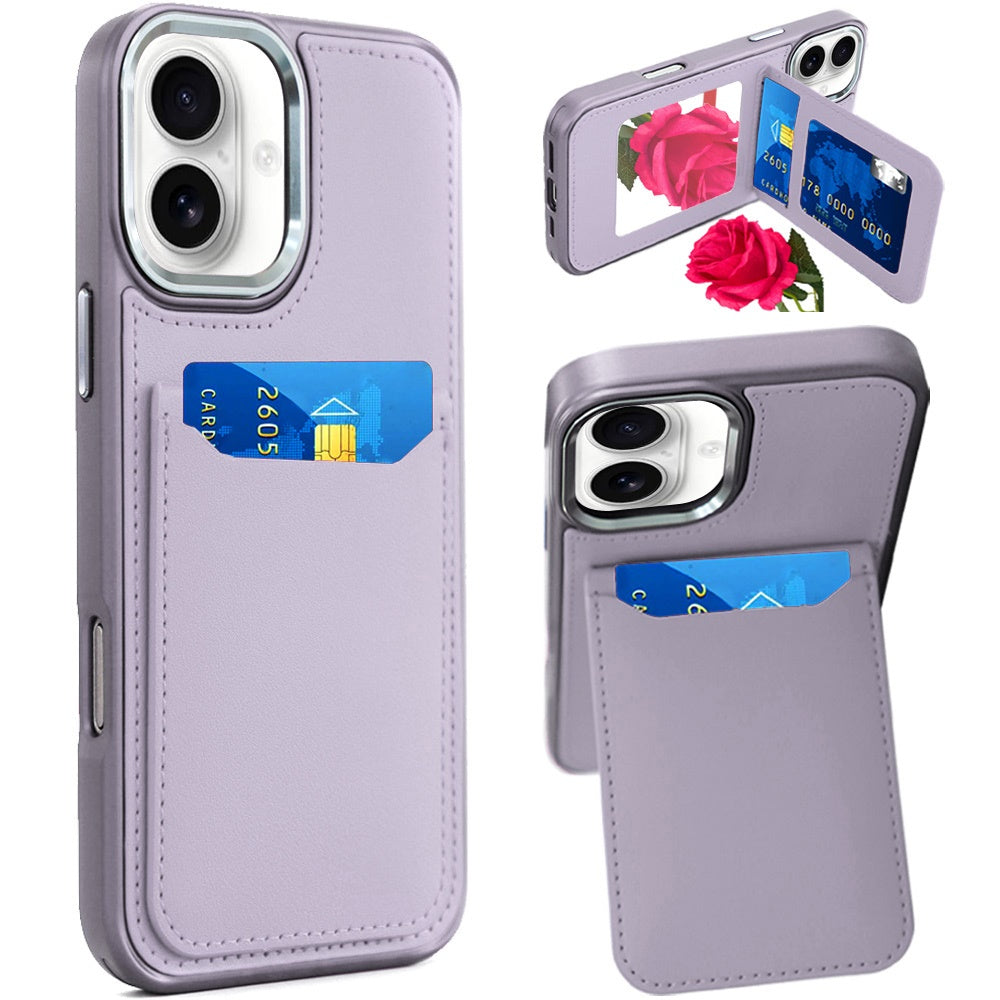 For Apple iPhone 17 (6.3") PU Leather Wallet Cover with Credit Card Holder, Kickstand & Mirror Inside Slim Fit TPU & PC Hybrid Design Case Cover