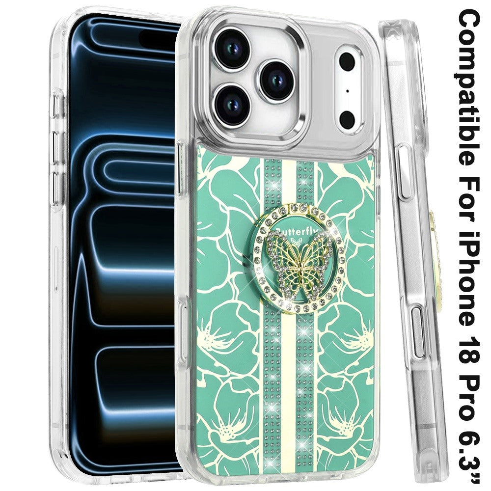 Phone Case for Apple iPhone 18 Pro Floral Butterfly Ring Stand Glitter Bling Shockproof Hybrid Luxury Fashion Protective Anti Slip Durable Grip Cover