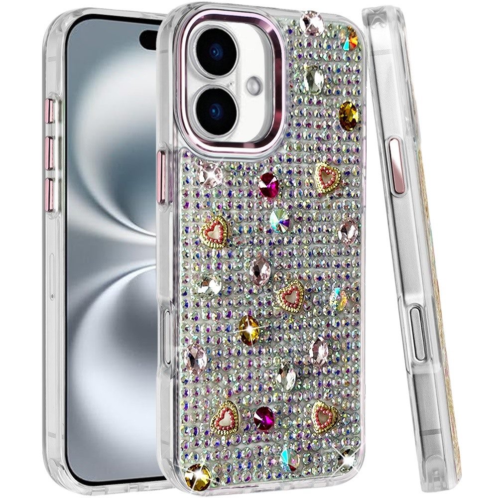 Phone Case for Apple iPhone 16 Chrome Fashion Hybrid Bling Diamond Heart Rhinestone Decorative Stones Sparkling Embellished Design Cover